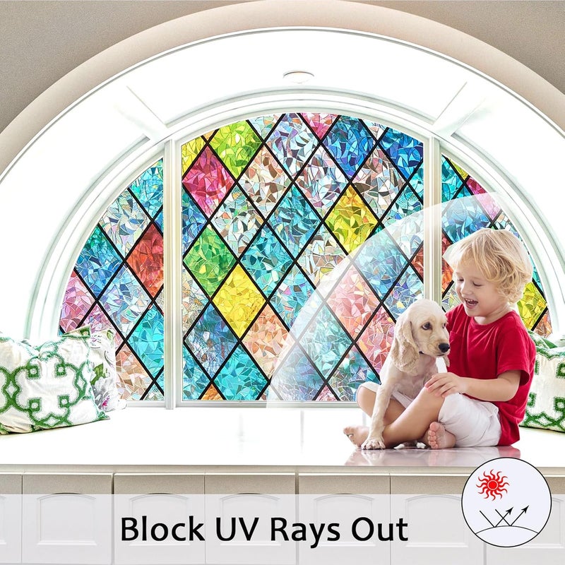 Bectosy Window Privacy Film, Static Cling Stained Glass Window Film Decorative, Non-Adhesive 3D Rainbow Frosting Film Anti-UV for Bathroom Home Door(Rainbow，35.4" x 118.1") - Image 5